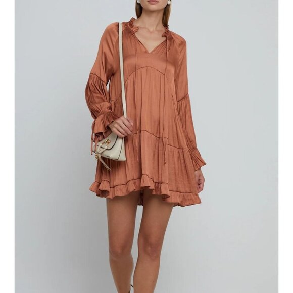 O.P.T. Juvianna Silky Long Sleeve Tiered Mini Dress Copper Size Small - Picture 1 of 7